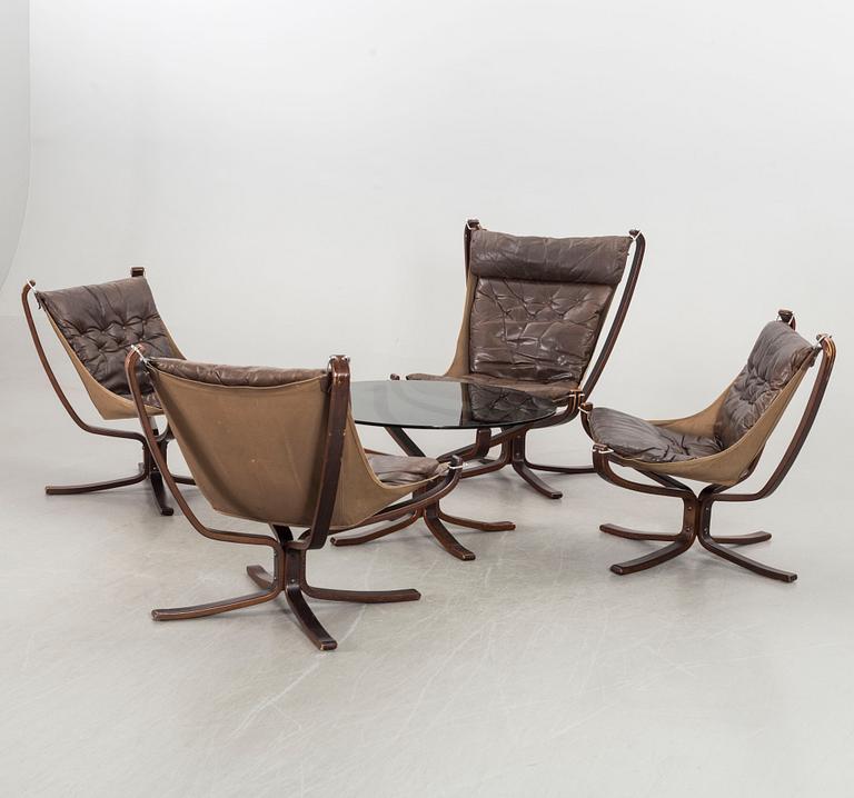 SIGURD RESSEL, four easy chairs and glas top coffee table "Falcon", Vatne Möbler Norway 1970's.