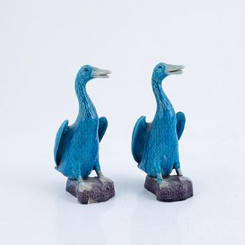 Four turquoise Chinese porcelain duck figurines, late Qing dynasty / around 1900.