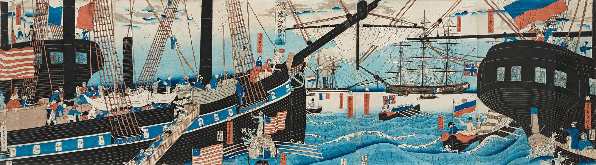 A pentatych by Utagawa Sadahide (1807-1873), woodblock in colours, "Yokohama koeki seiyojin kamotsu unso no zu".