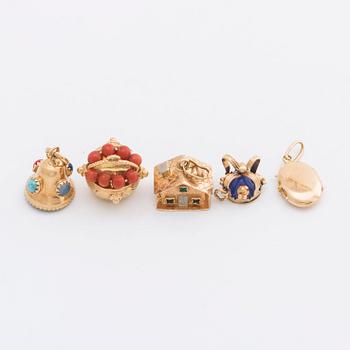 5 CHARMS 18K and 14K gold, blue, red, green stones.
