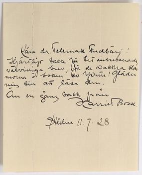 HARRIET BOSSE (1878-1961), egenhändigt brev med kuvert, dat Stockholm 11.7. -28.
