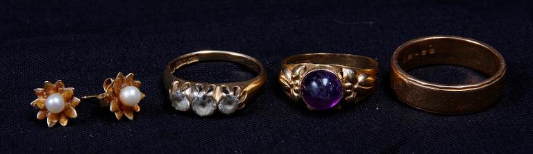 PARTI SMYCKEN, 5 delar, 18 K guld, pärlor samt ametist, bl a Alton, 1900-tal. Ca 17 g.