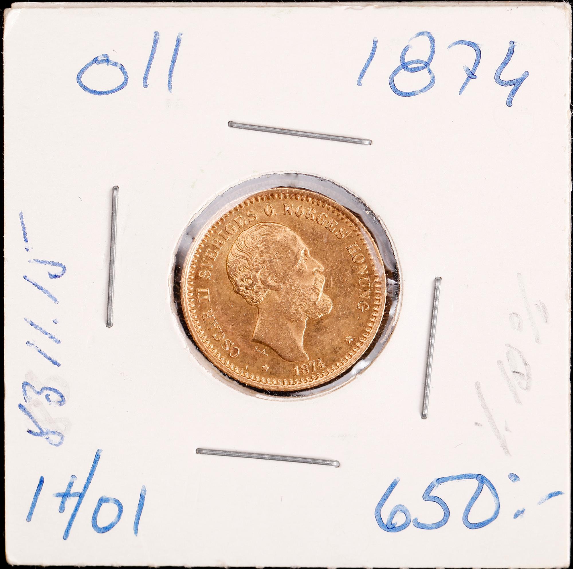 GULDMYNT, 10 kronor, Oscar II, 1874. Vikt ca 4,5 gram.