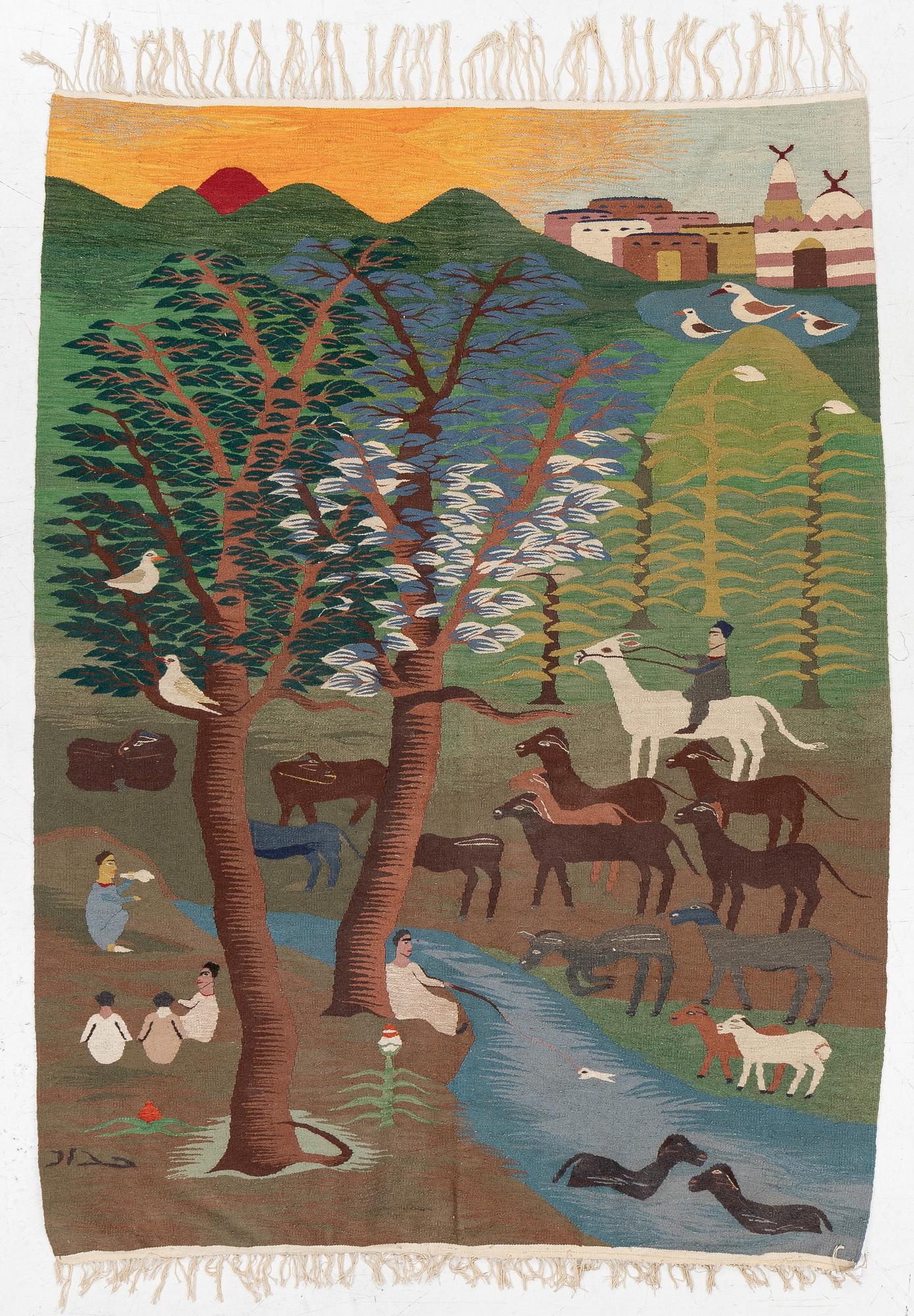 Ramses Wissa Wassef, textile, tapestry technique, Egypt, signed, c. 206 x 155 cm.