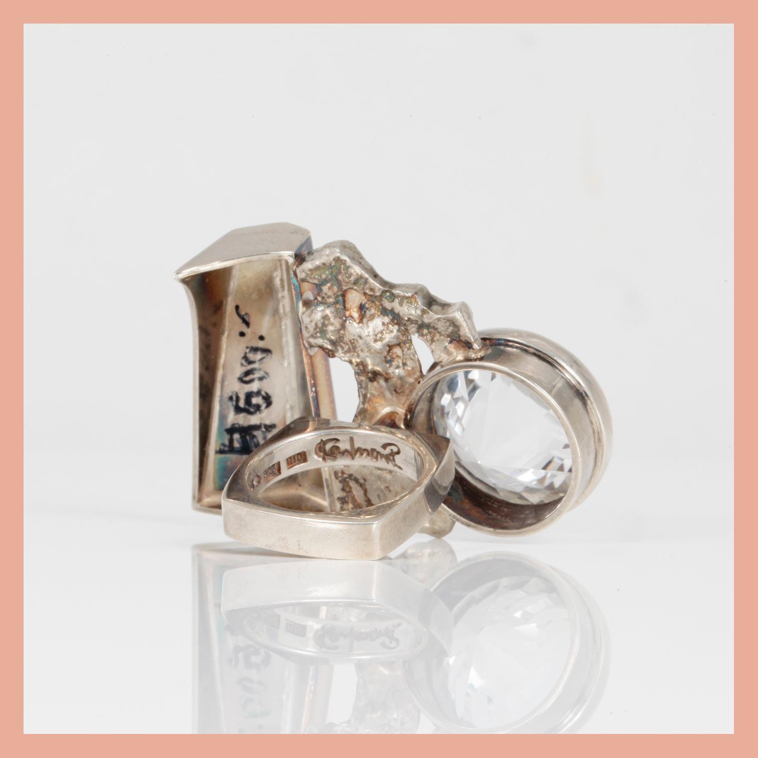 RING, sterling silver med bergkristall, tot ca 27,62 ct, Rolf Karlsson, Grillby, 1982. Total vikt ca 31,09 g.