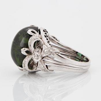 18K white gold diamond and green cabochon-cut tourmaline cocktail ring.