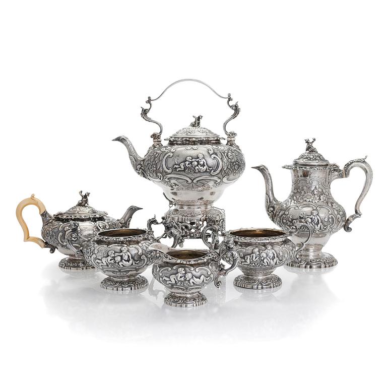 A Georgian seven-piece, sterling silver tea and coffee set, maker's mark of Joseph Angell, London 1817-1823.