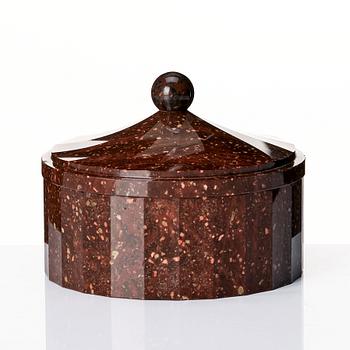 A Swedish Empire porphyry butter box with cover, 19th century.