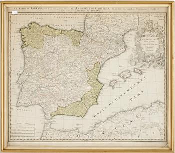 Johann Baptist Homann · JOHAN BAPTISTA HOMANN, karta, gravyr, "Hispaniae", 1700-tal.