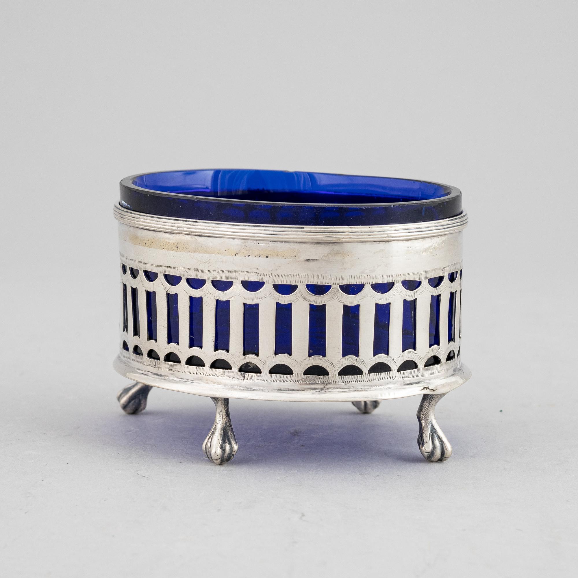 A Swedish 18th century silver and blue glass salt cellar, mark of Pehr Zethelius, Stockholm 1794.