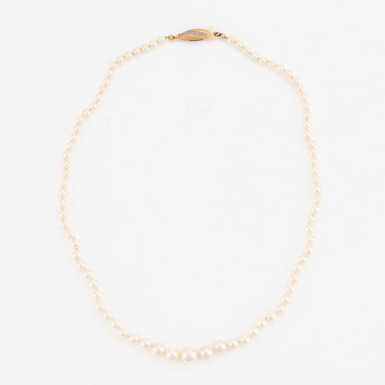 Collier, med odlade doserade pärlor, lås 18K guld.