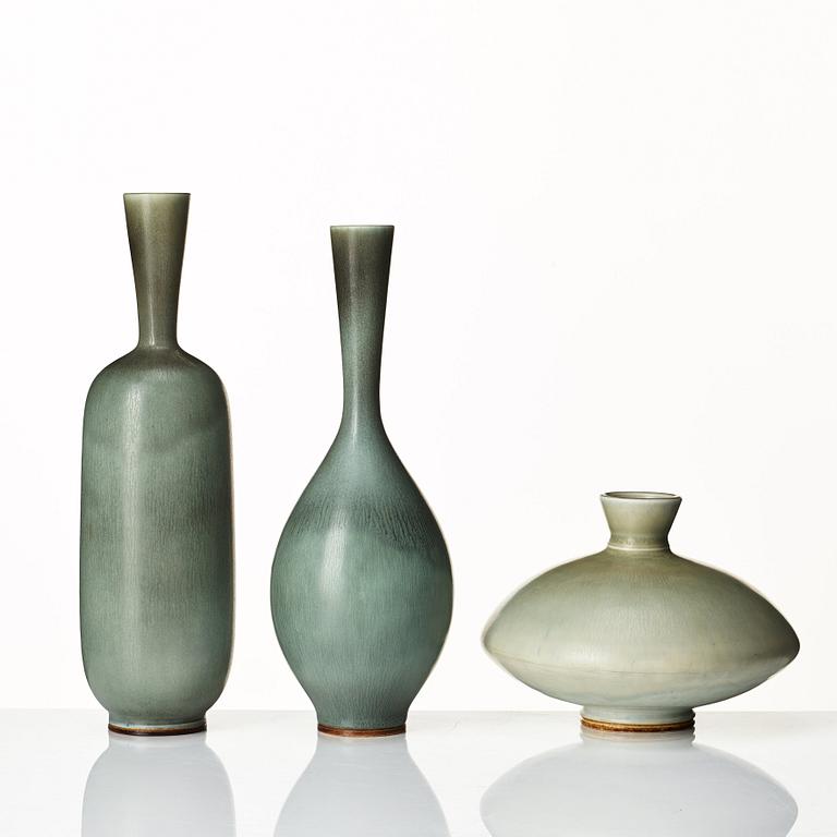 Berndt Friberg, three stoneware vases, Gustavsberg studio, Sweden 1964, 1965 and 1974.