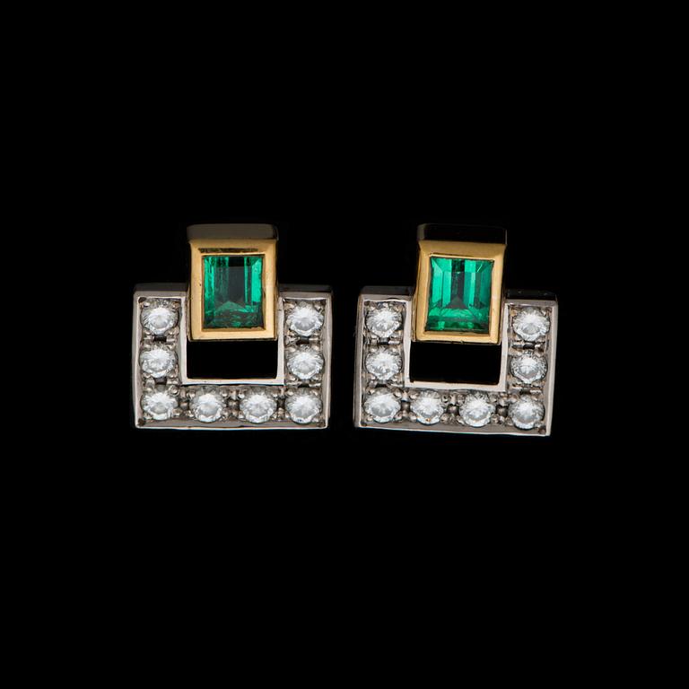 A PAIR OF EARRINGS, facetted emeralds, brilliant cut diamonds, 18K gold and white gold. Raimo Nieminen, Helsinki Finland.