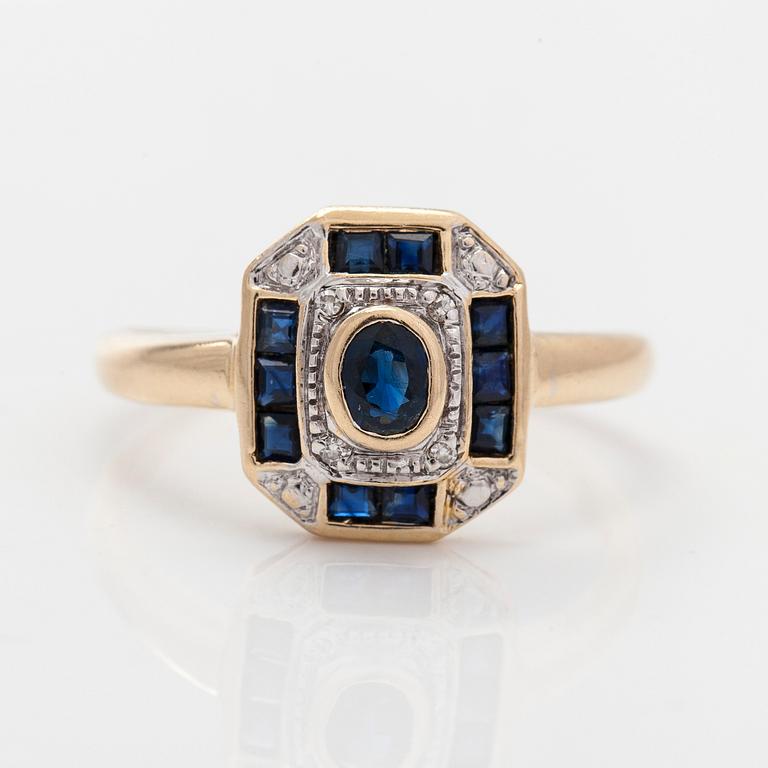 A 14K gold ring with sapphires and eight-cut diamonds. Finnish import marks 1994.