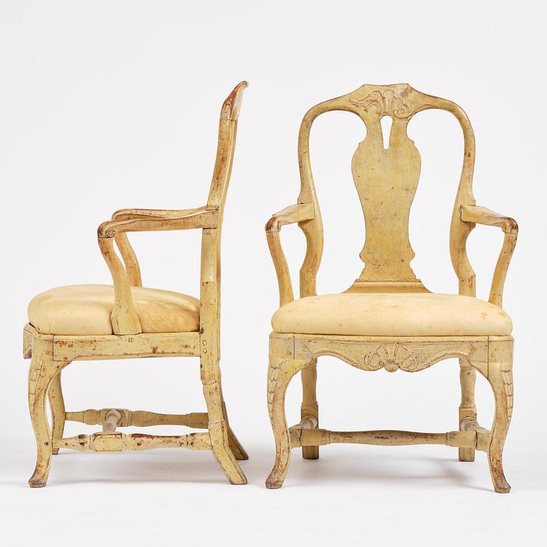 A pair of rococo open armchairs, Stockholm, later part 18th century.