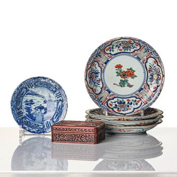 A set of four imari dishes, a blue and white bowl and a Japanese lacker box, Meiji period (!868-1912).