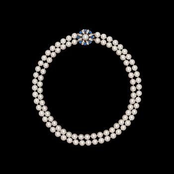 50. A two strand cultured pearl necklace, 8 mm.