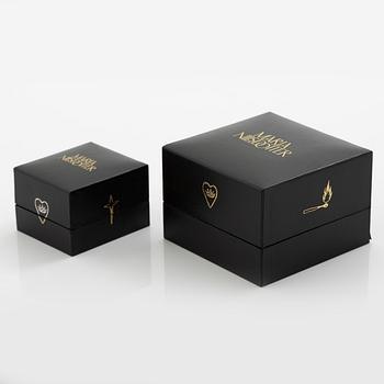 Maria Nilsdotter, a single earring, "rain earring" and a pair, silver with pearls and quartz.