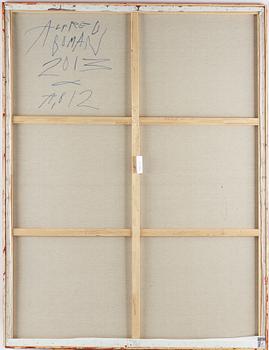 ALFRED BOMAN, signed and dated 2013 on verso. Acrylic paint, glue emulsion, spray paint, enamel varnish on linen.