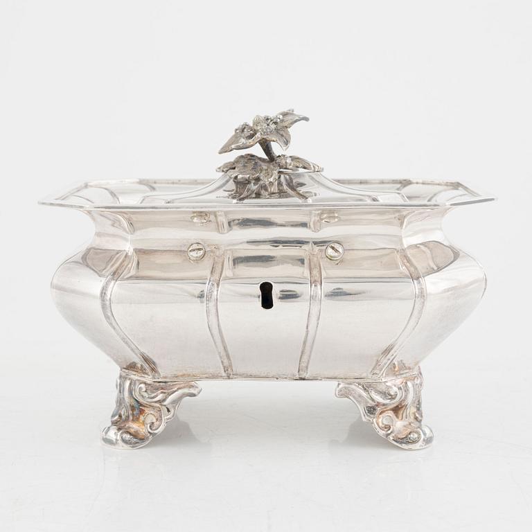 A Swedish Silver Rococo Revival Sugar Box, mark of Gustaf Möllenborg, Stockholm 1851.