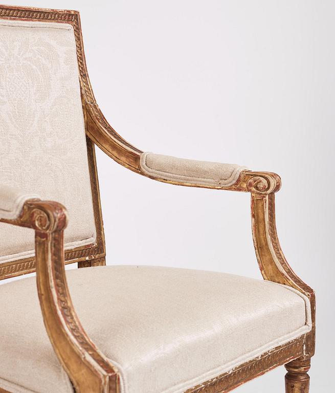 A near pair of Gustavian giltwood fauteuils, Stockholm, late 18th century.