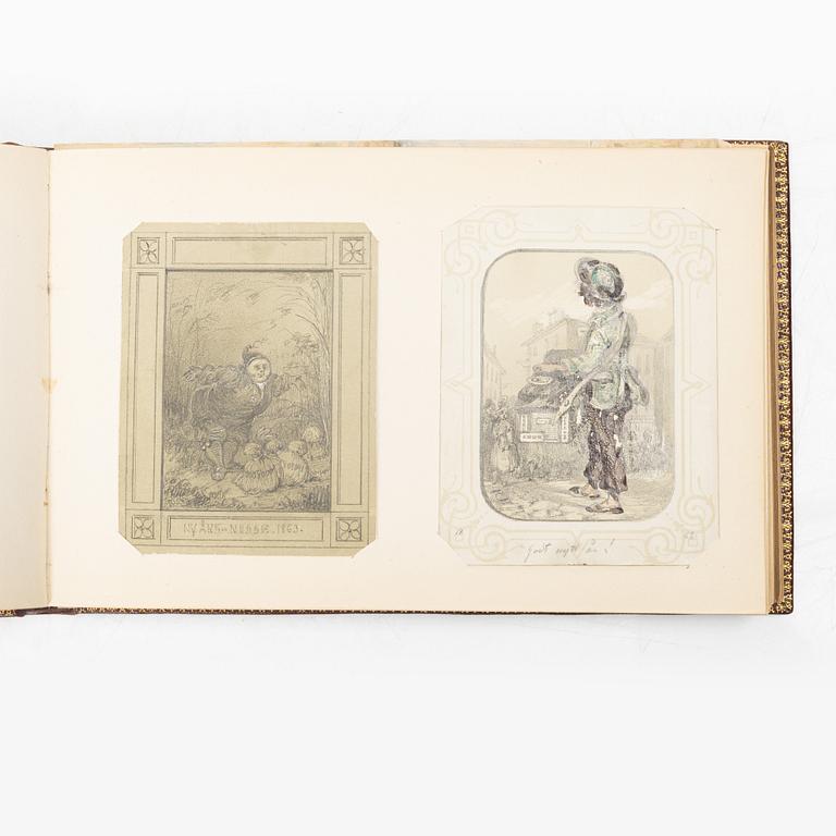 Album with among other things 16 pieces of watercolours and drawings by Swedish artists.