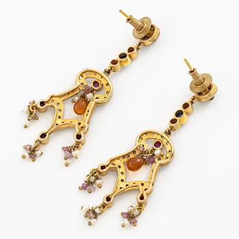 Earrings, a pair, gilded silver set with rubies, sapphires, citrine, seed pearls, and rose-cut diamonds.
