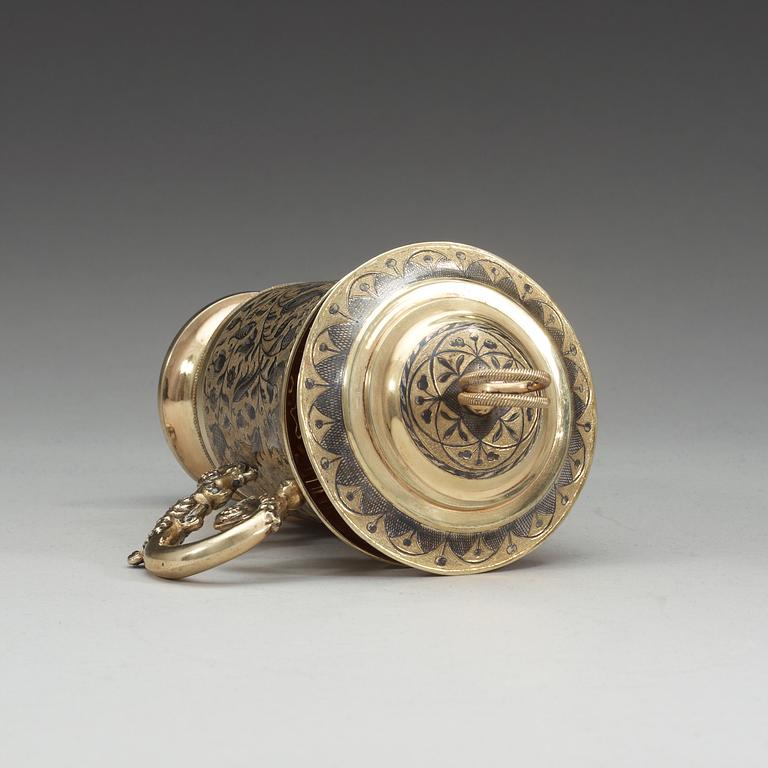 A Russian 19th century silver-gilt and niello cup and cover, un identified makers mark Moscow 1850's.