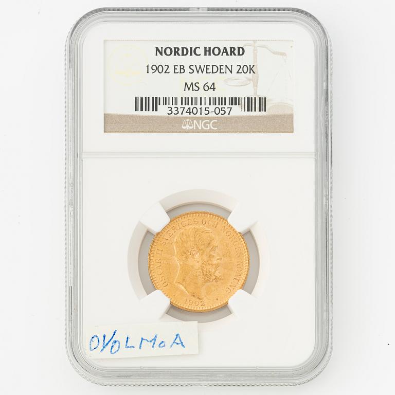 Guldmynt, Oscar II, 20 kronor, typ IV, Sverige 1902.