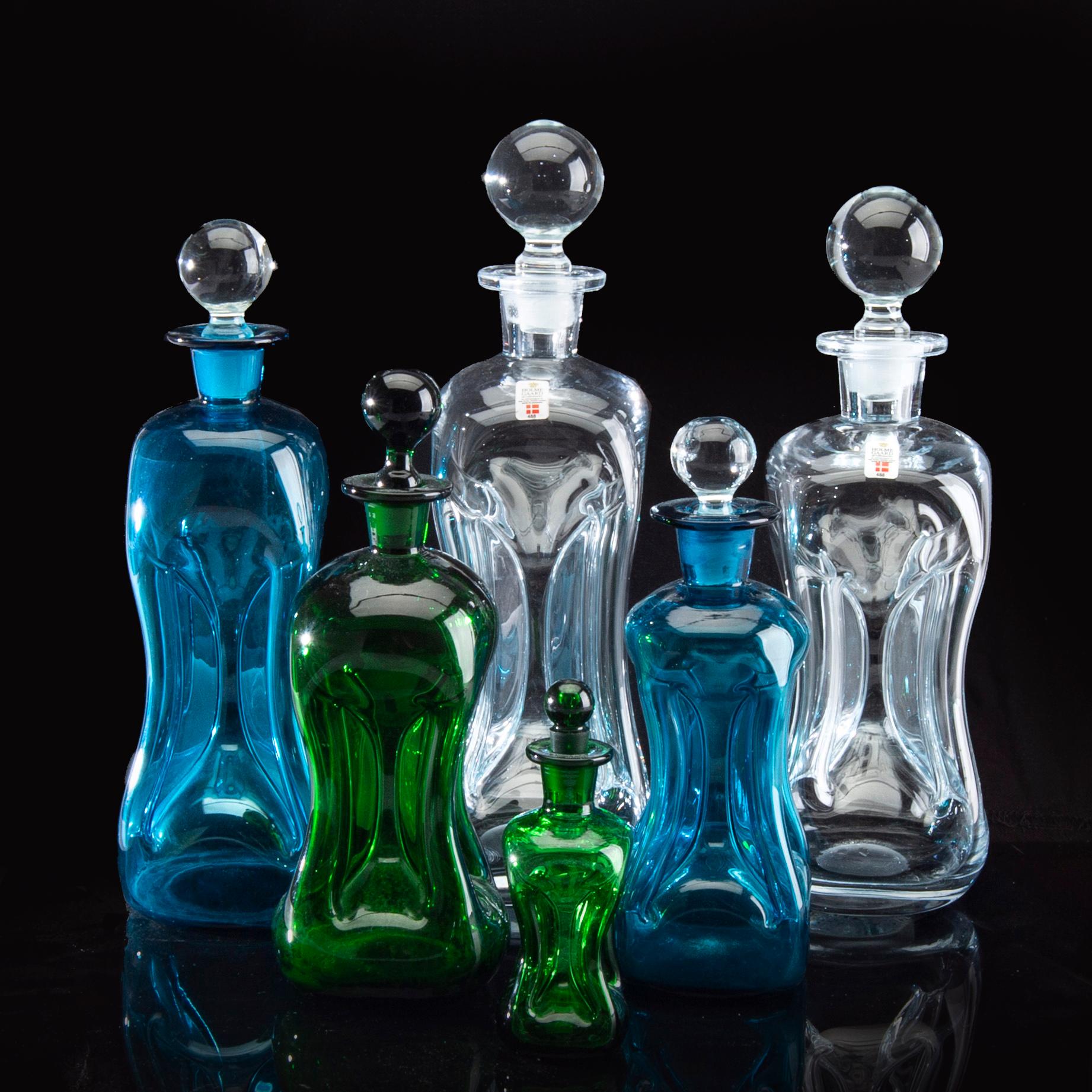 Holmegaard, karaffer/kluckflaskor 6 st 1900-talets slut glas.