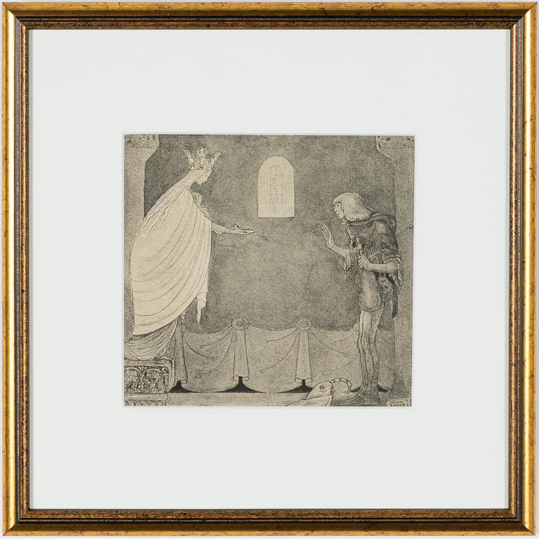 John Bauer, "Han såg den heliga jungfrun böja sig ned och taga av sig den ena skon, som hon med ett hult leende...".