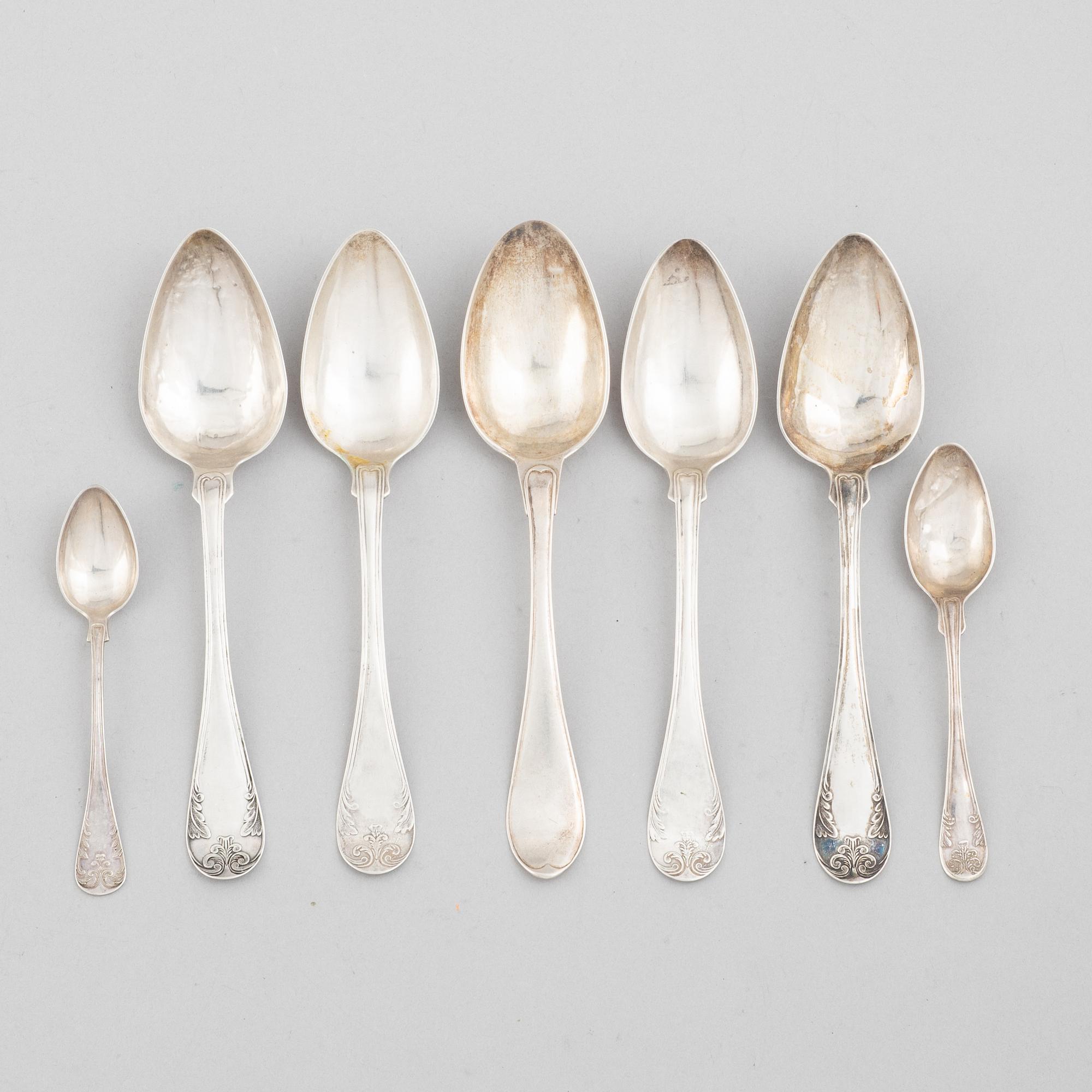 Seven silver spoons, Sweden, 1810-1913.