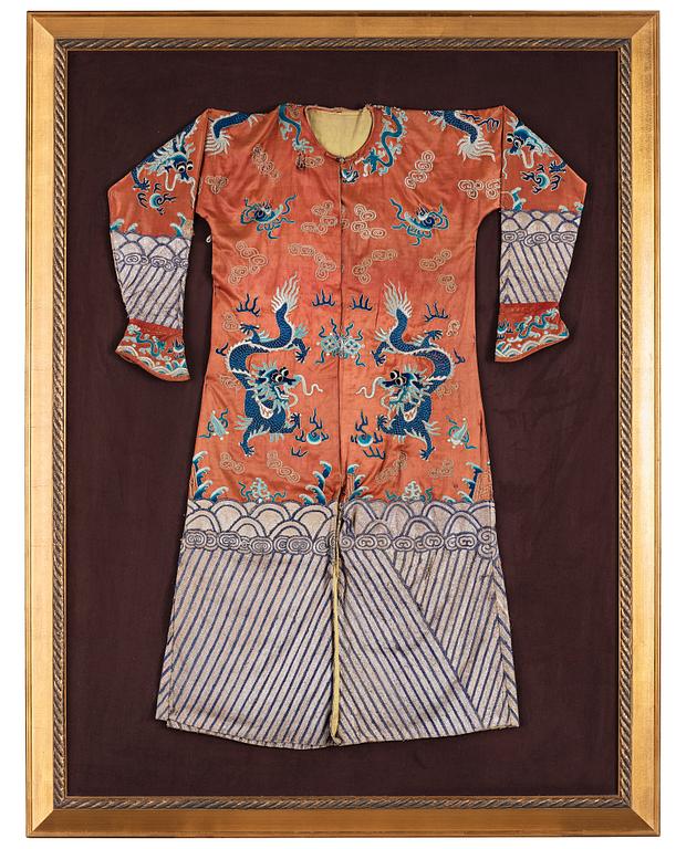 A Chinese embroidered silk robe, Qing dynasty, 19th Century.