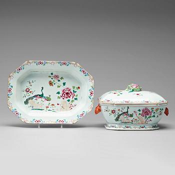 A famille rose 'double peacock' tureen with cover and stand, Qing dynasty, Qianlong (1736-1795).