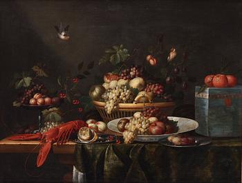 1108A. Joris van Son Attributed to, Still life with a lobster, fruits and a flycatcher.