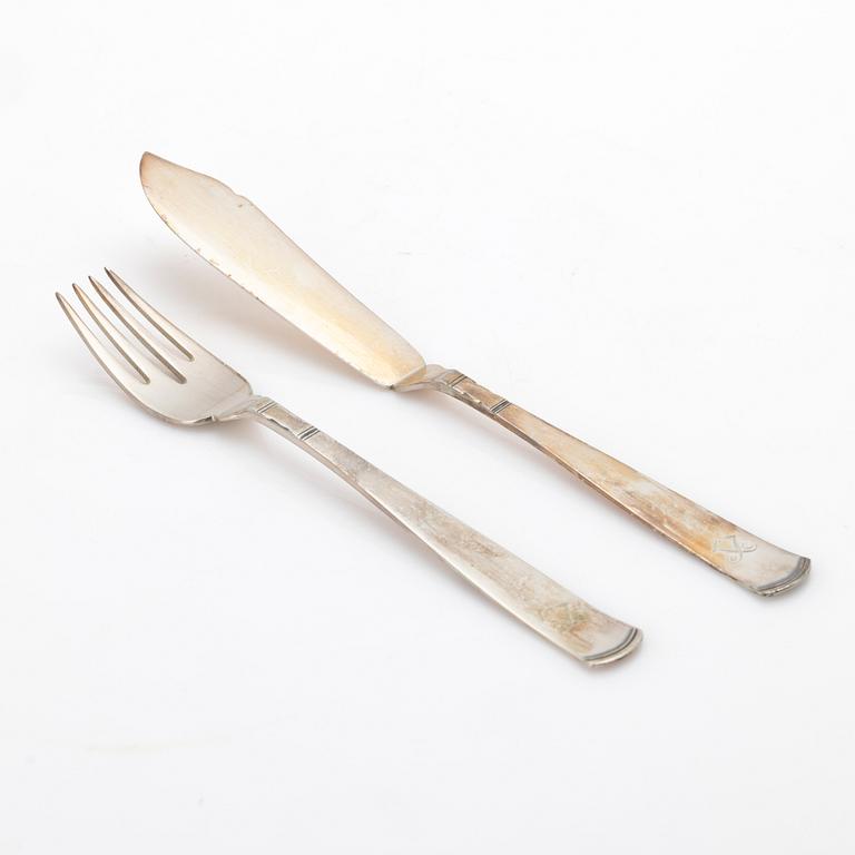 Jacob Ängman, fiskbestick, 24 delar, silver, modell Rosenholm, GAB, Stockholm, 1936.