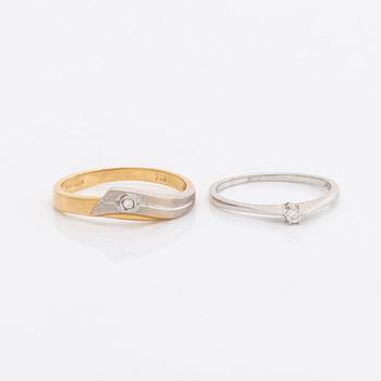 2 rings and 1 pendant 18K gold, brilliant-cut diamonds and 1 aquamarine ca 7 mm, chain metal.