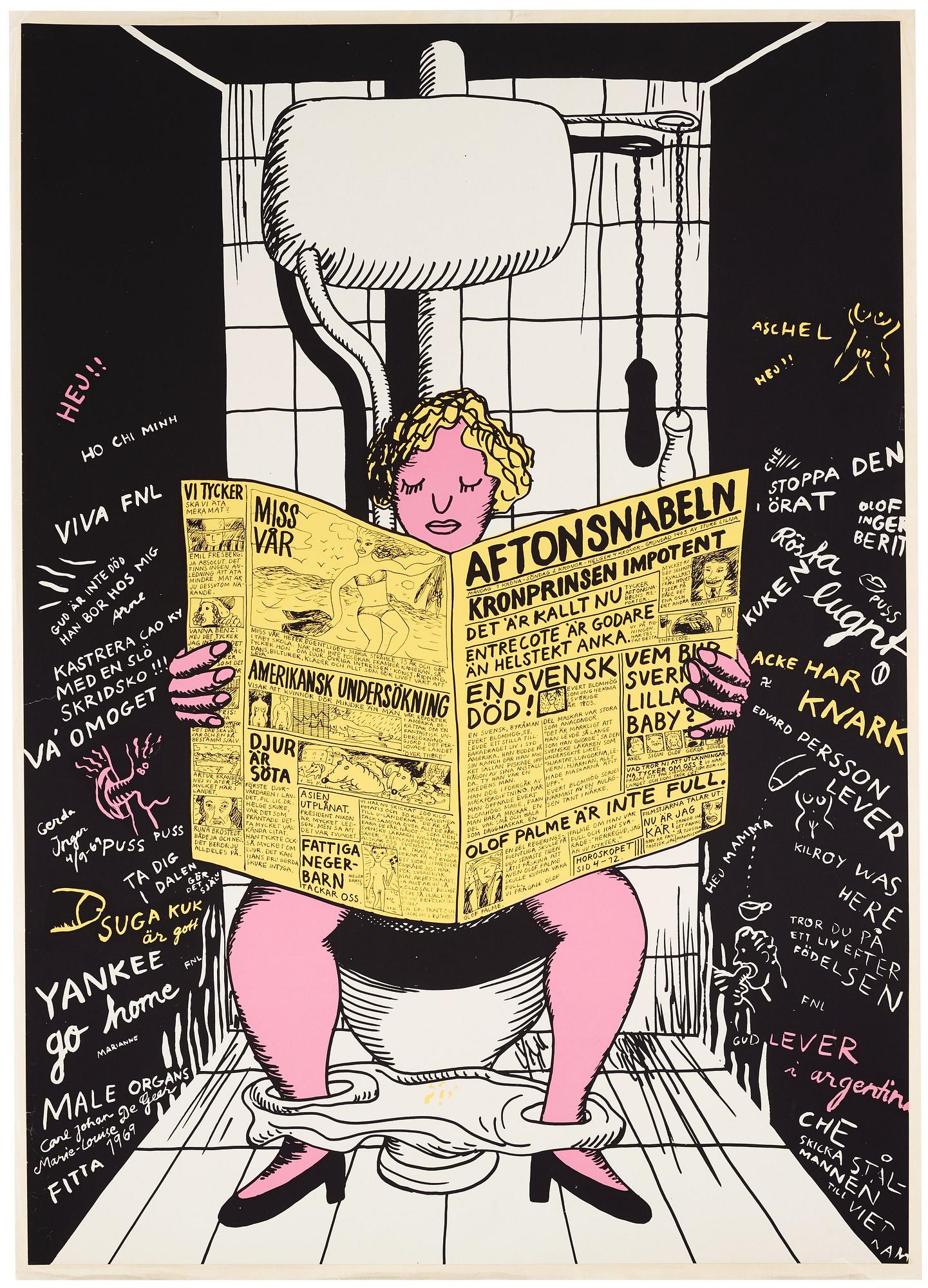 Marie-Louise Ekman, Färgserigrafisk affisch "På toaletten/Aftonsnabeln", 1969.
