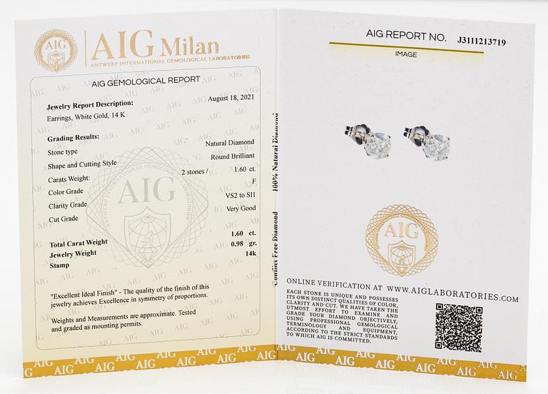 Örhängen, 14K vitguld, diamanter ca 1.60 ct tot. Med AIG-certifikat.