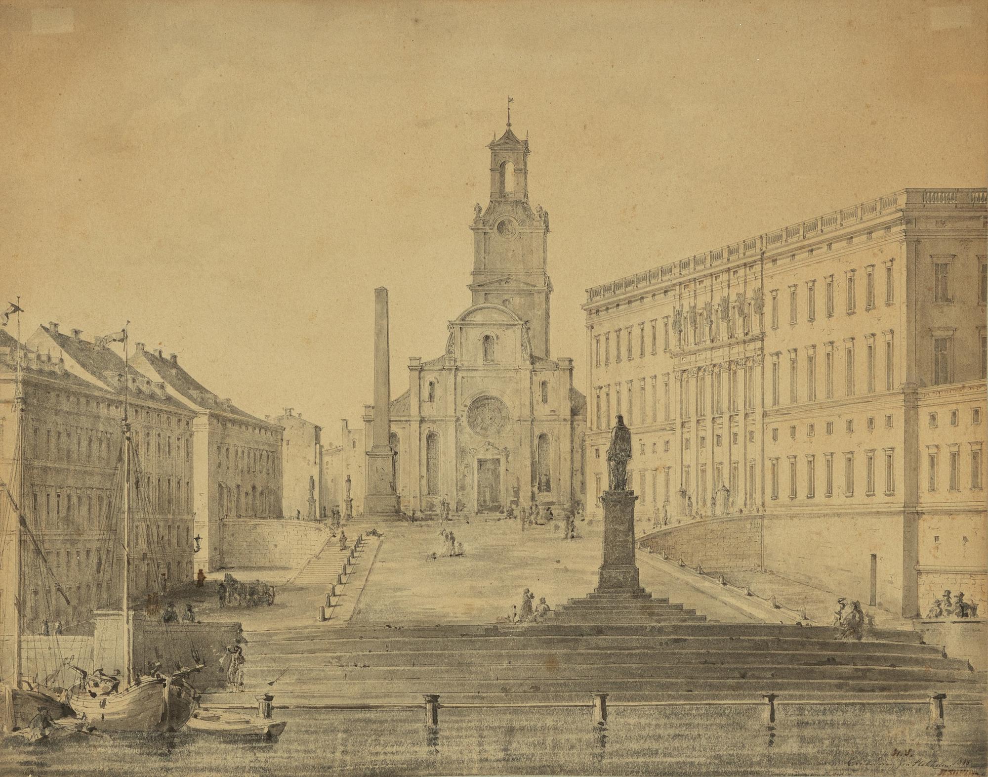 Unknown artist, Slottsbacken with Storkyrkan in the background.