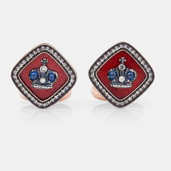 622. A pair of sapphire, rose-cut diamond and red enamel cufflinks.