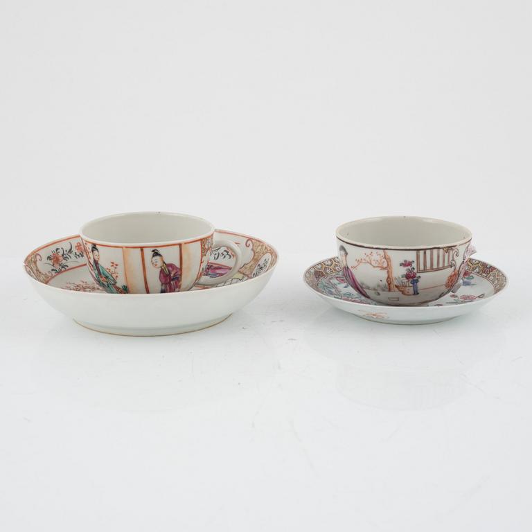 A set of five famille rose cups and four dishes, Qing dynasty, 18th Century.