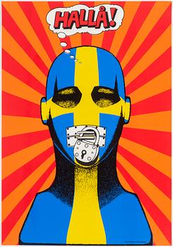 Bernt Carlsson, silkscreen poster, 'Hallå!', Bildstormarna, 1968.