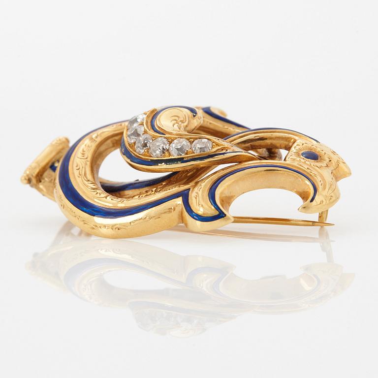G Möllenborg brosch 18K guld med gammalslipade diamanter och med blå emalj.