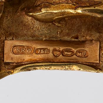 Björn Weckström, rintaneula, vihreät turmaliinikiteet, 18K kultaa.