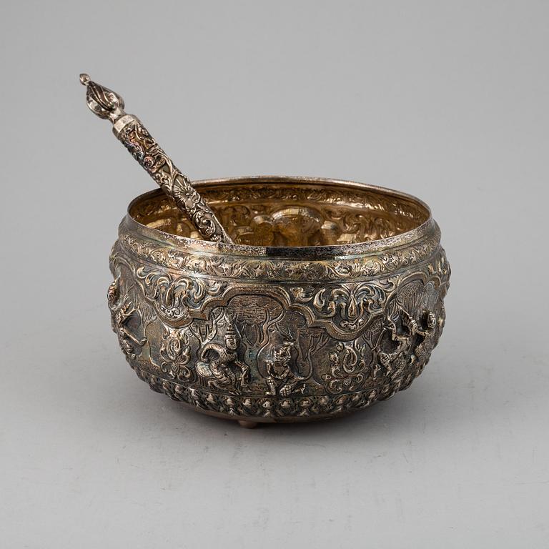 A silver bowl with a serving spoon, Thailand, 20th century.