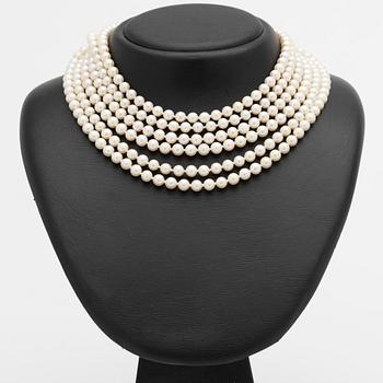 Pearl necklace of Akoya pearls.