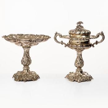 A Swedish silver sugar bowl and a centerpiece bowl, marks of G Möllenborg (Ferón) and C Hammer, Stockholm 1850-1860.
