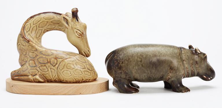 Two Gunnar Nylund stoneware figures of a hippo and a giraffe, Rörstrand.