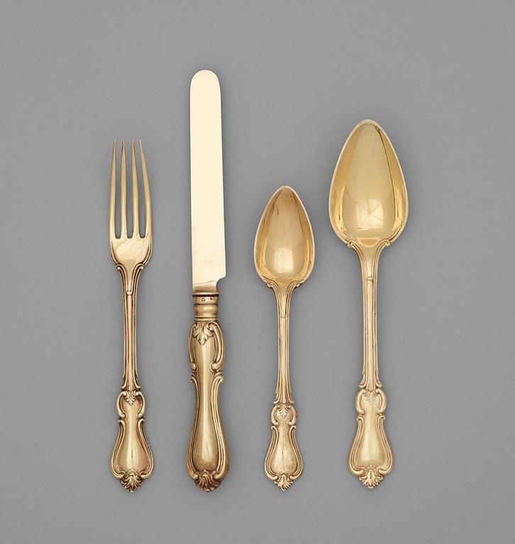 A Swedish 19th century silver-gilt 72 piece dessert cutlery, marks of Fredrik and Wilhelm Zethelius, Stockholm 1846.